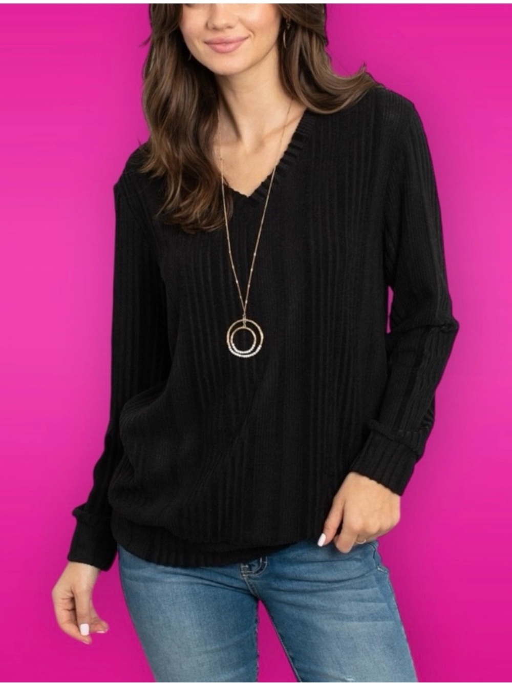 Boutique Perfect Peach Ribbed Knit V-Neck Sweatshirt Women’s M (8/10) Black